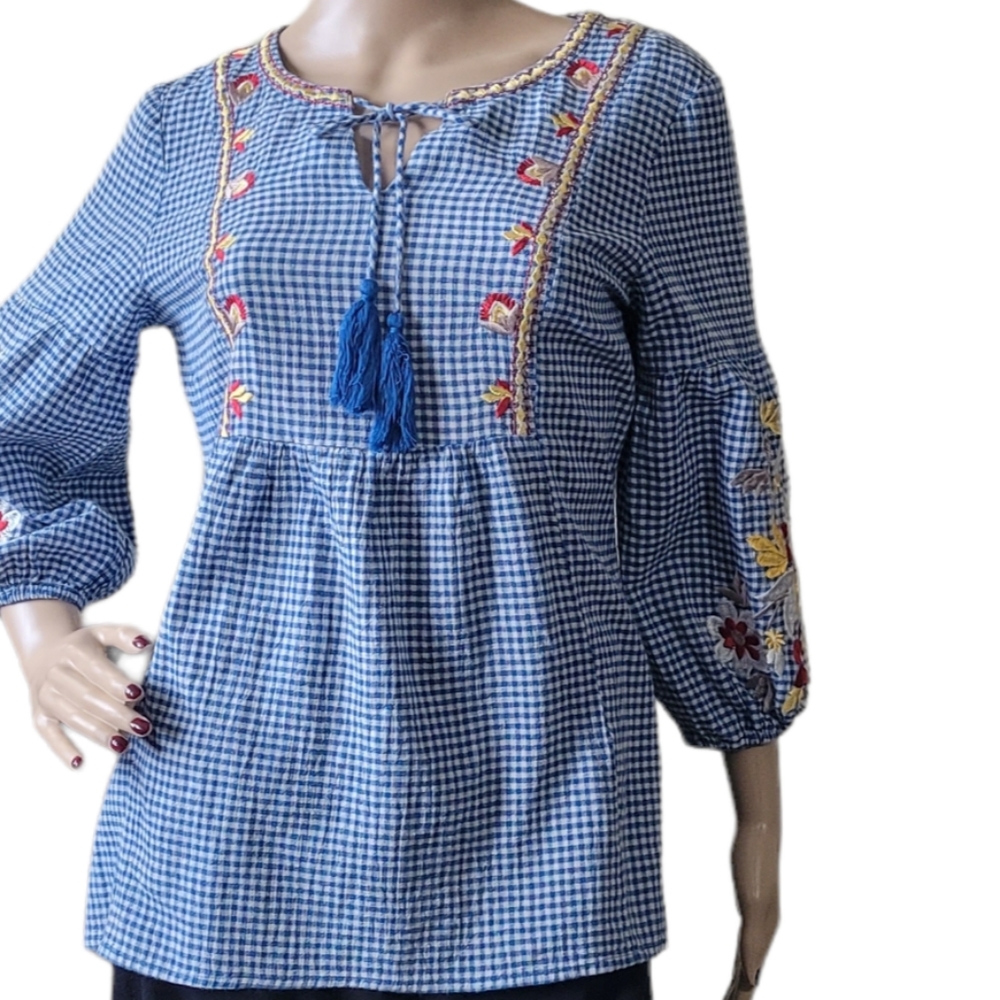 Blue checked embroidered Reba shirt. Size M tunic style peasant blouse.